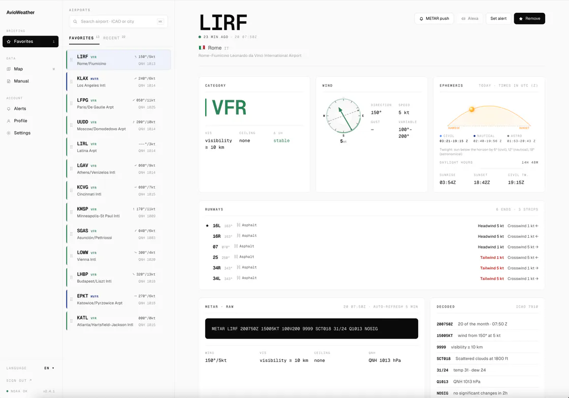 Dashboard web AvioWeather: dettaglio aeroporto con categoria di volo, vento, effemeridi, piste e METAR decodificato